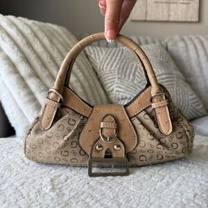 Guess Monogram Mini Hobo Bag Tan Ostrich Trim Silver G Logo Buckle Y2K
